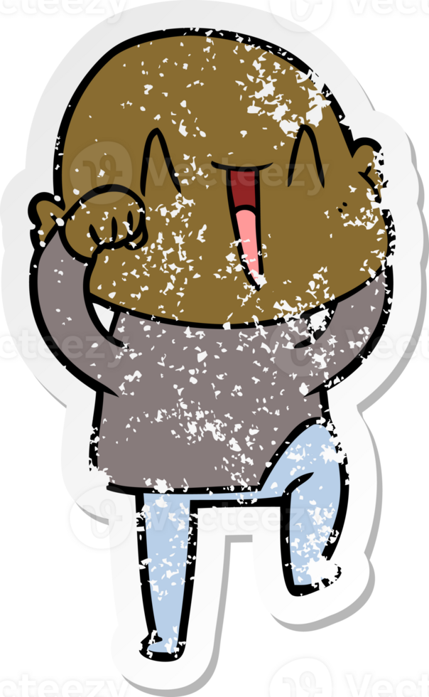 distressed sticker of a happy cartoon bald man png