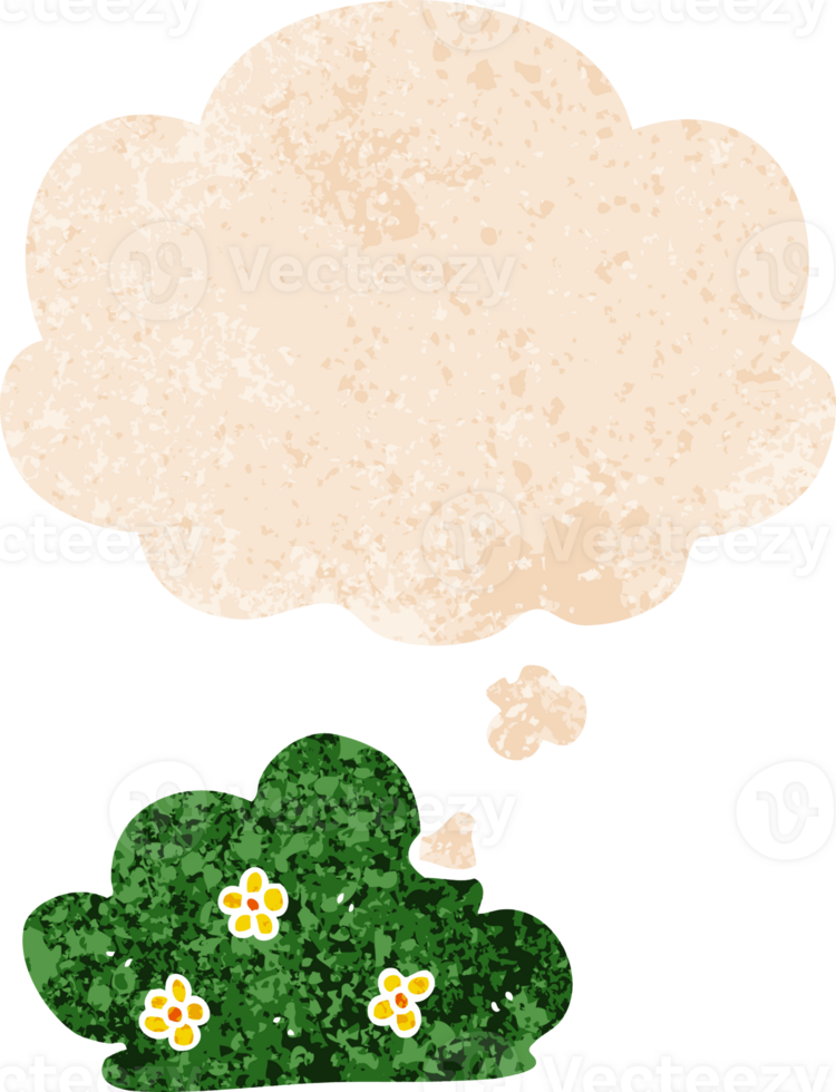 cartoon hedge with thought bubble in grunge distressed retro textured style png