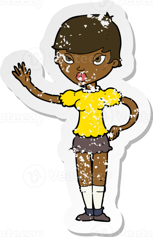retro distressed sticker of a cartoon woman waving png