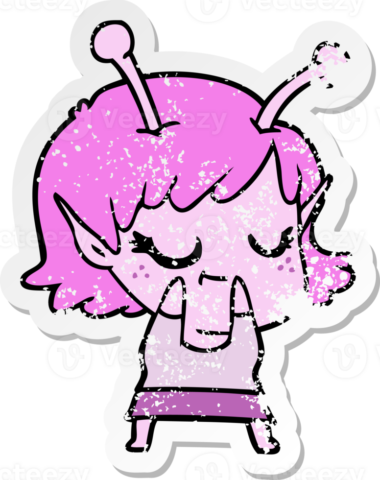 distressed sticker of a smiling alien girl cartoon png