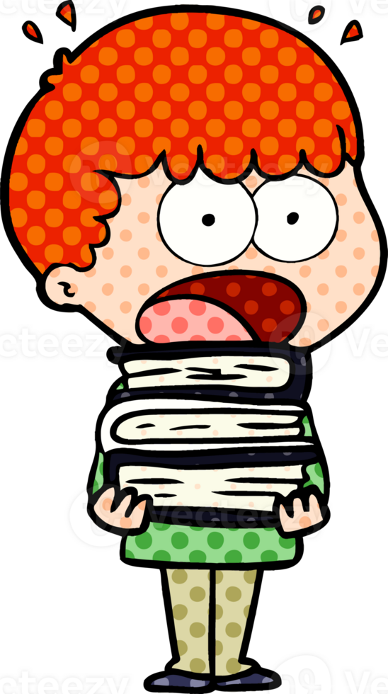 cartoon shocked boy with stack of books png