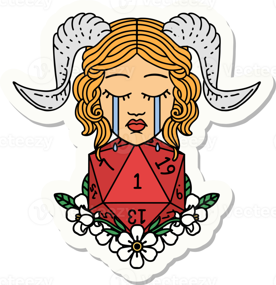 sticker of a crying tiefling with natural one D20 dice roll png