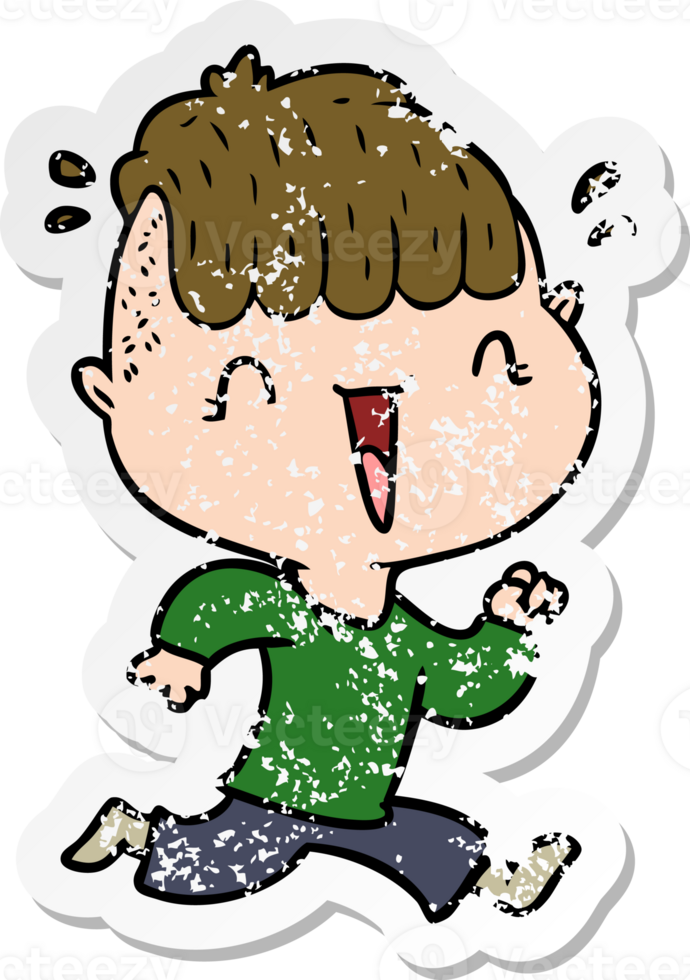 distressed sticker of a cartoon happy boy surprised png