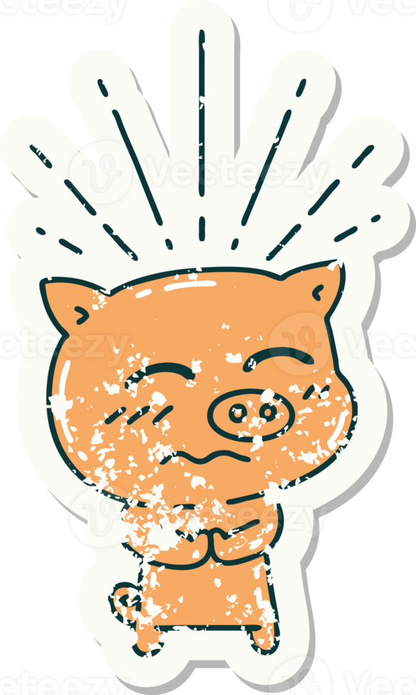 vieil autocollant usé d'un personnage de cochon nerveux de style tatouage png