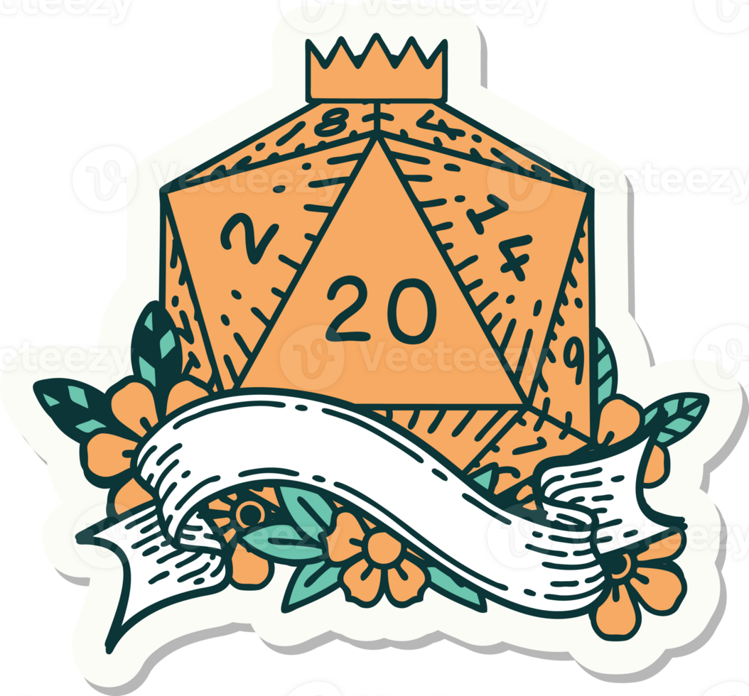 sticker of a natural twenty D20 dice roll png