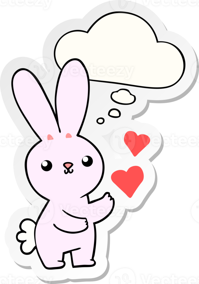 cute cartoon rabbit with love hearts with thought bubble as a printed sticker png