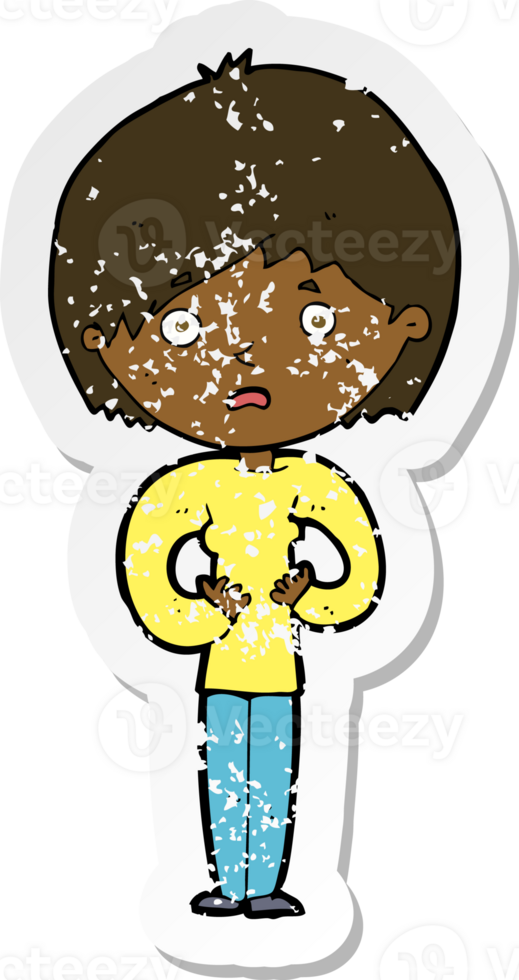 retro distressed sticker of a cartoon woman making Who Me gesture png