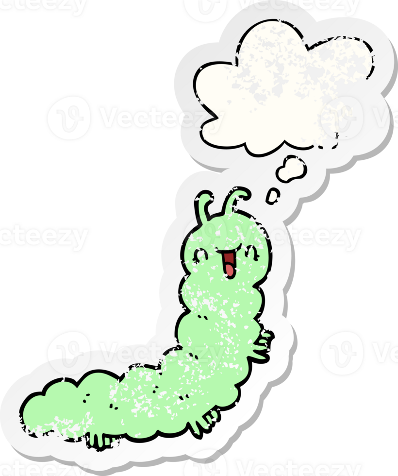 cartoon caterpillar with thought bubble as a distressed worn sticker png
