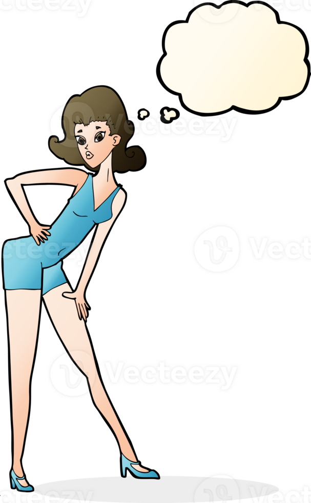 cartoon model woman posing with thought bubble png