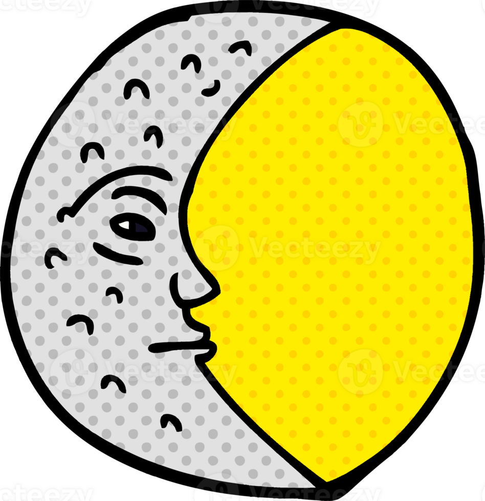 cartoon doodle crescent moon with face png