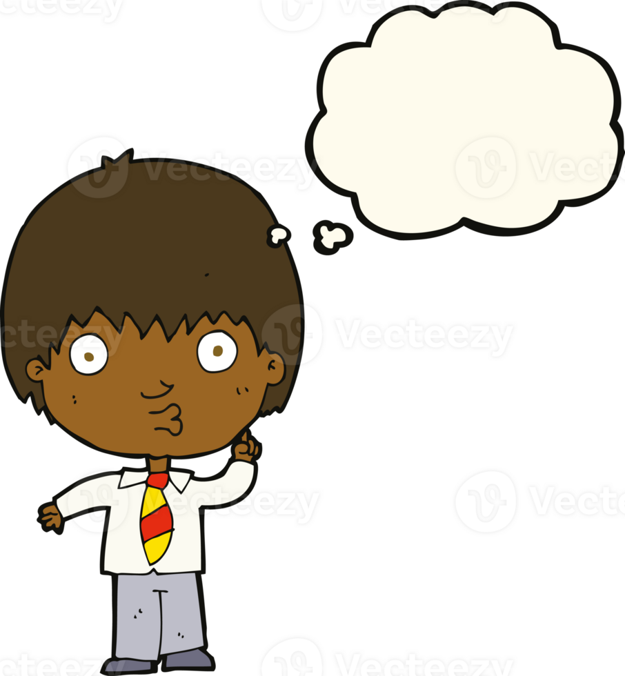 cartoon school boy answering question with thought bubble png