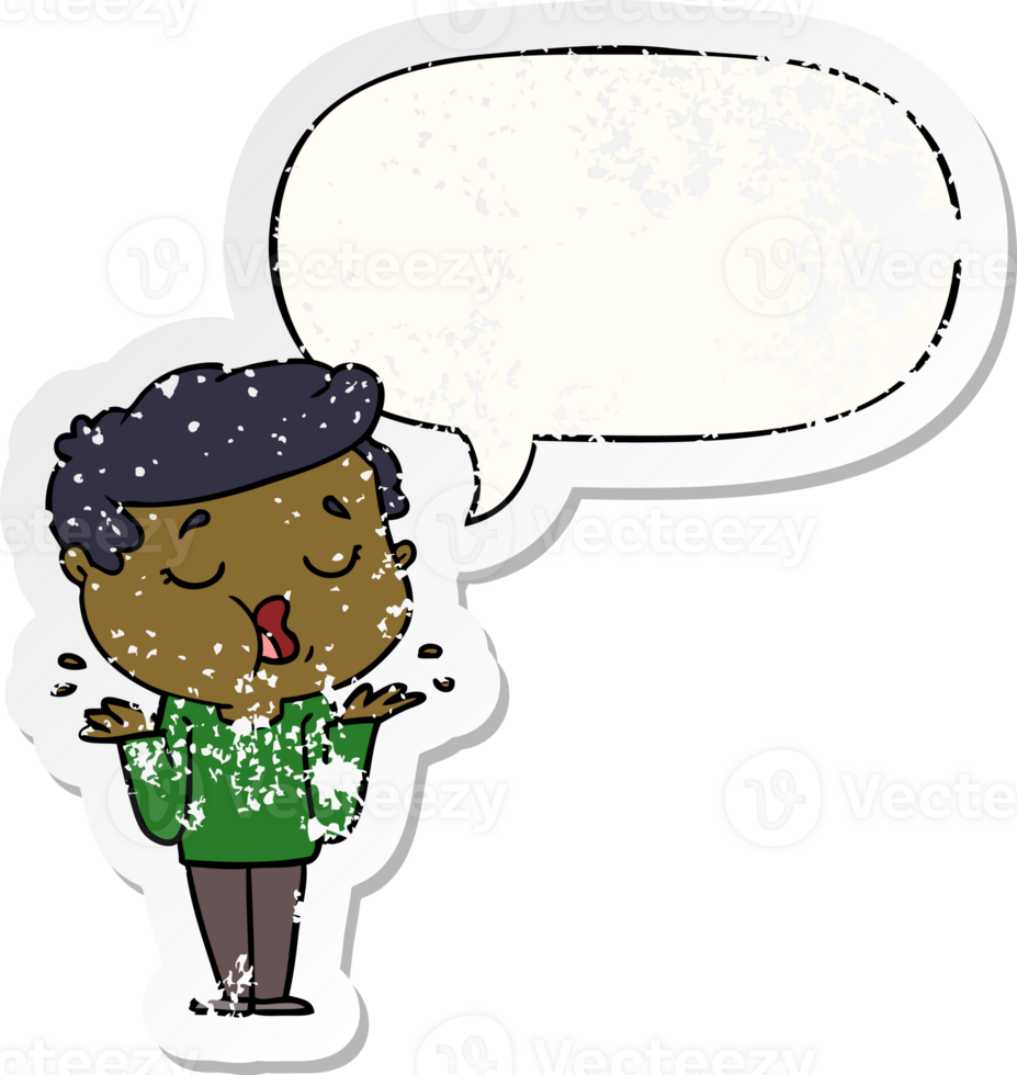cartoon man talking and shrugging shoulders with speech bubble distressed distressed old sticker png