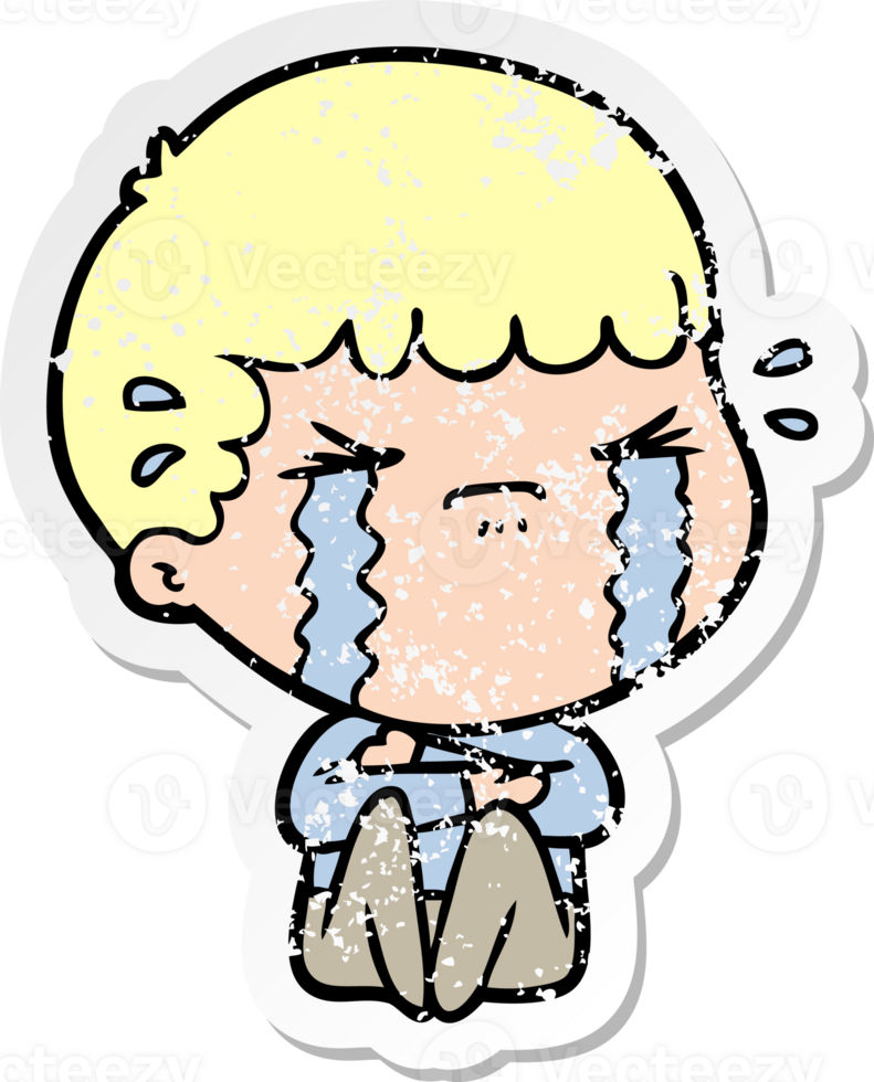 distressed sticker of a cartoon man crying png