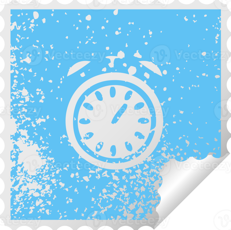distressed square peeling sticker symbol of a alarm clock png