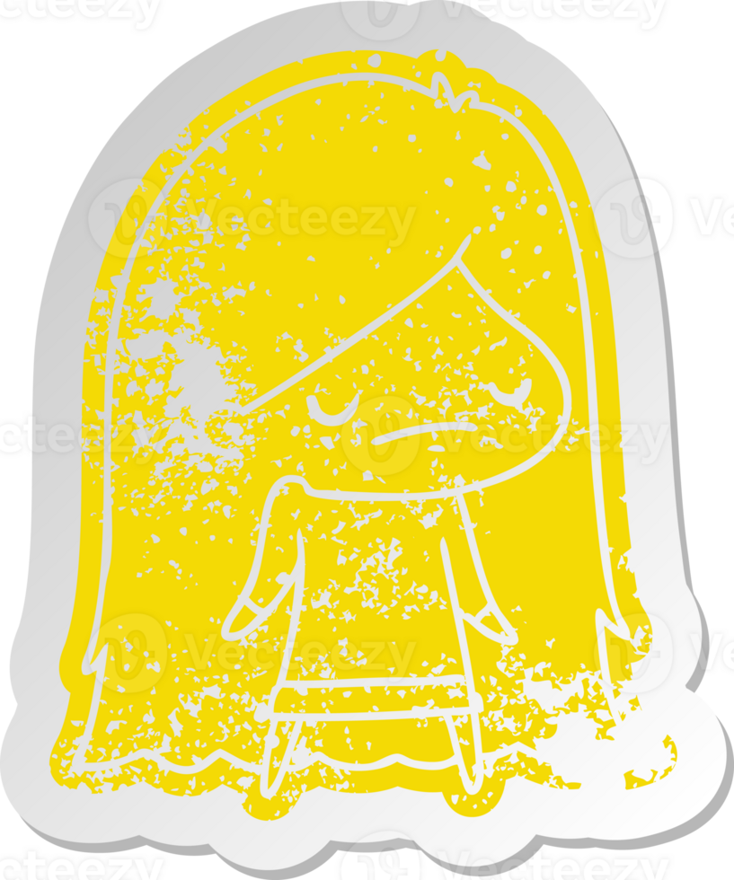 distressed old cartoon sticker of a cute kawaii girl png