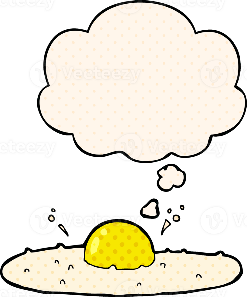 cartoon fried egg with thought bubble in comic book style png