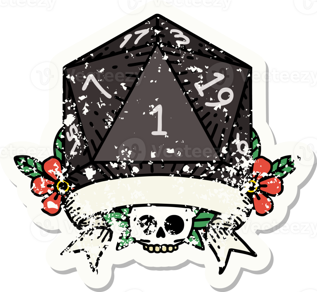 grunge sticker of a natural one d20 dice roll png