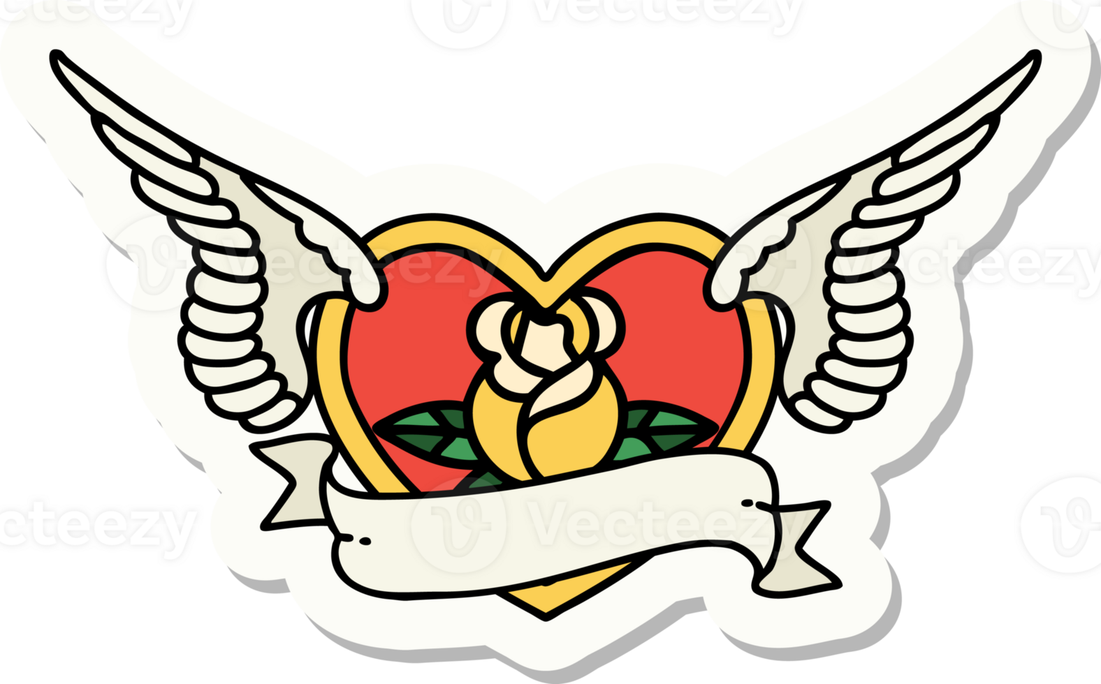 sticker of tattoo in traditional style of a flying heart with flowers and banner png