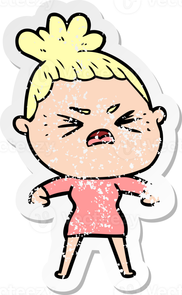 distressed sticker of a cartoon angry woman png