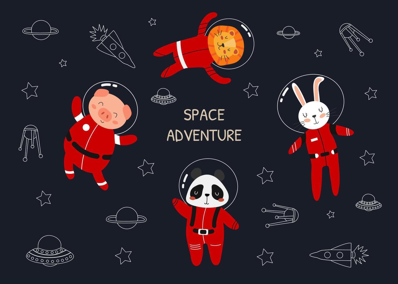 ilustración con animal astronautas linda animales en trajes espaciales león, panda, conejo, cerdo. espacio aventura. bandera con estrellas, planetas, cohetes garabatear. concepto para niños. vector