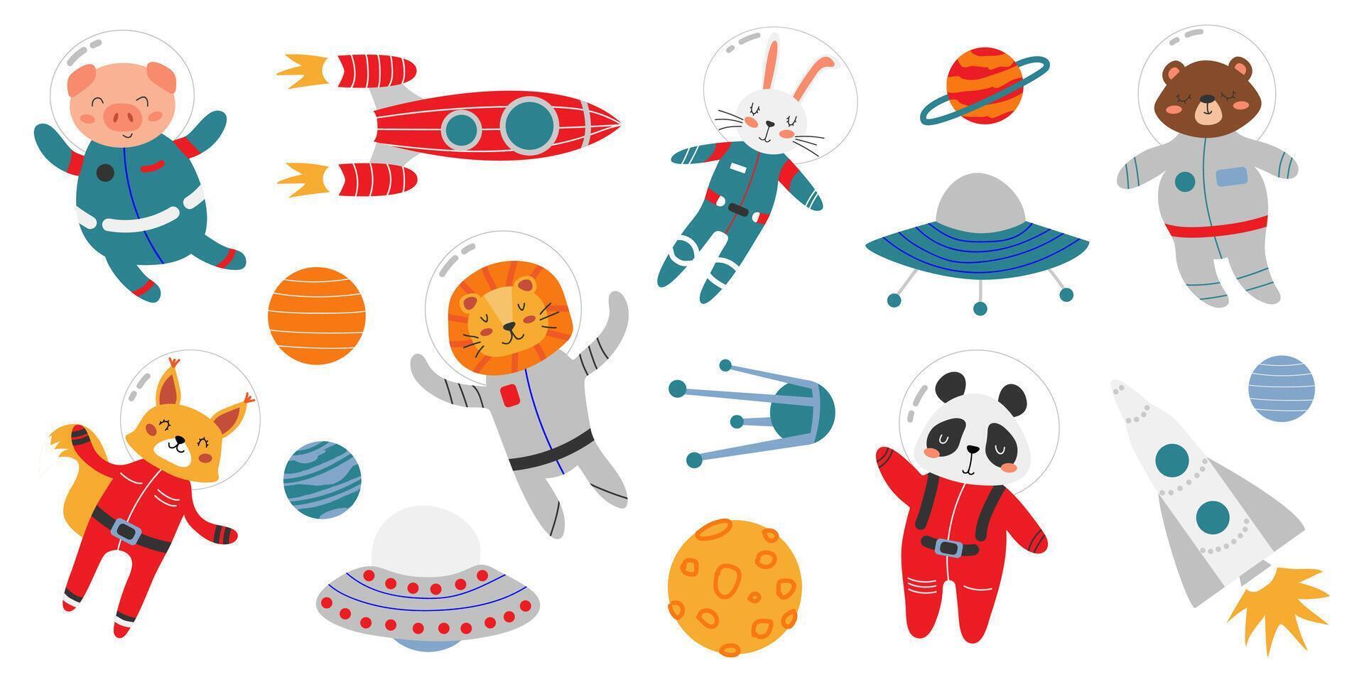 Large set of space elements and animals. Cute animals in space suits. Rockets, planets, space saucers. Children's space theme. Objects on white isolated background. vector