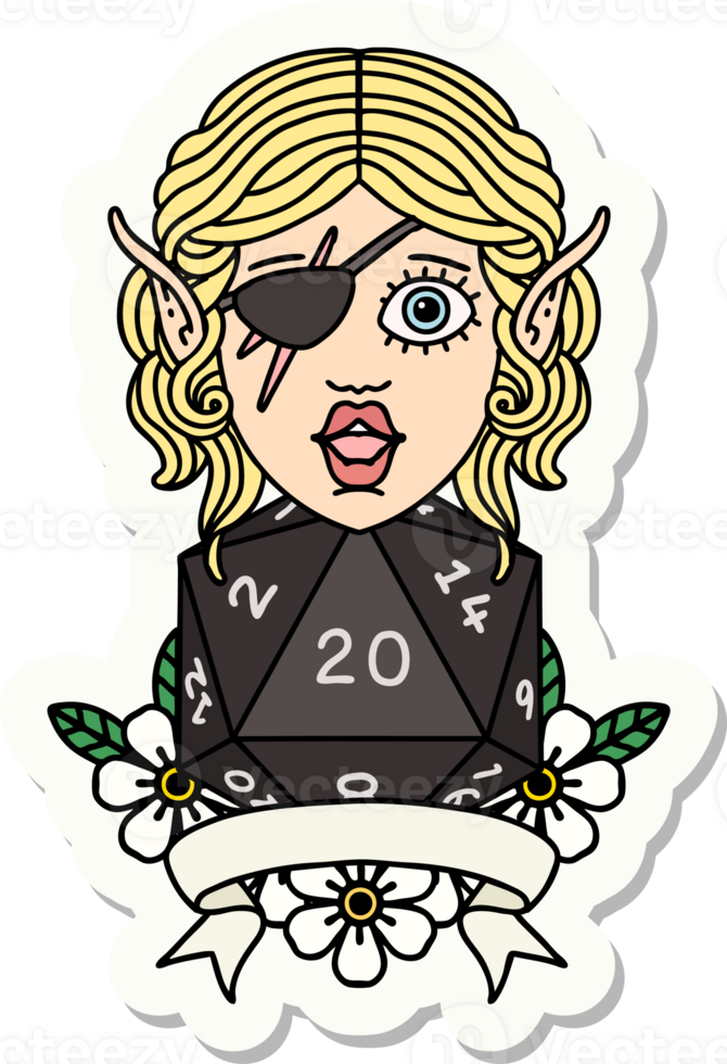 sticker of a elf rogue character with natural twenty dice roll png