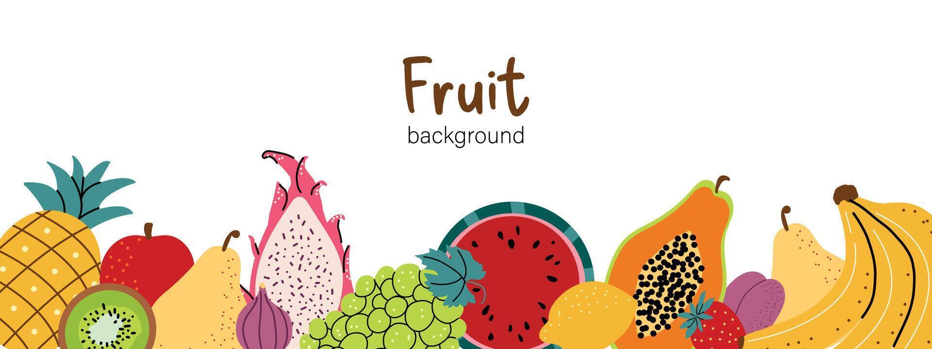 Fruit background. Beautiful fruits and berries. Watermelon, banana, kiwi, pineapple, pear, lemon, avocado. Proper nutrition. illustration. Horizontal banner with isolated background. vector