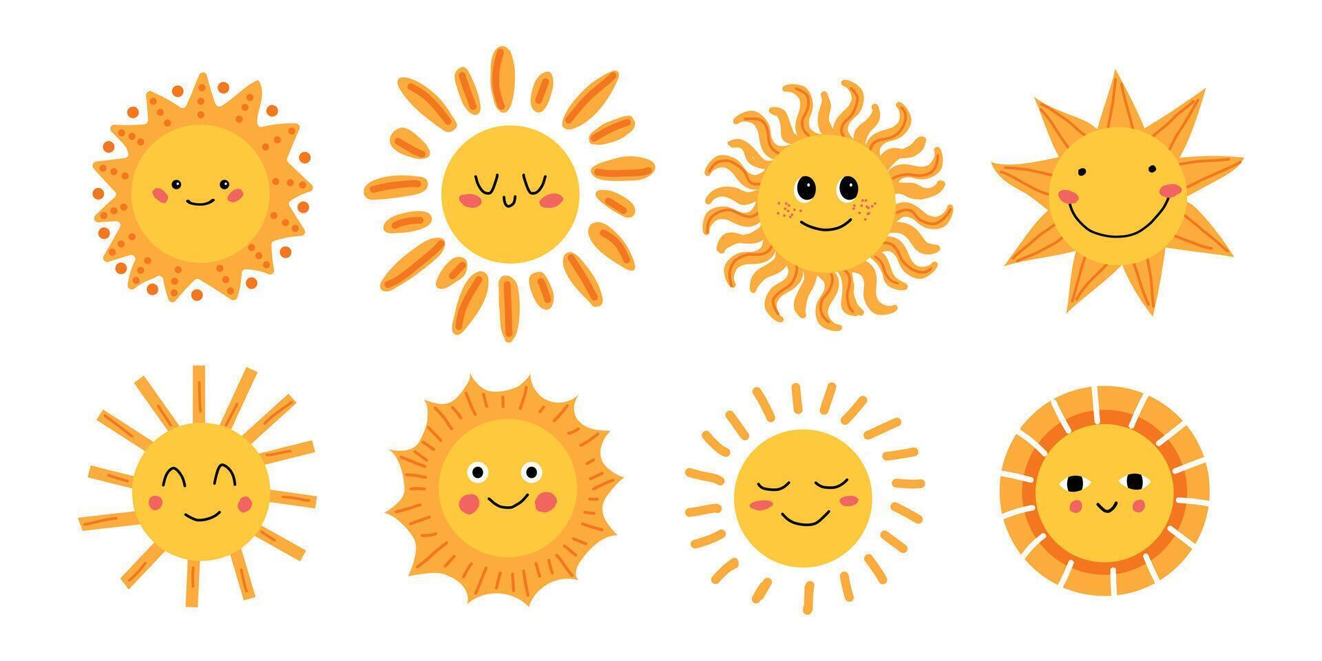 Cute Sun illustration set. Sun with different rays and emotions. Children's flat illustration. Sunshine clip art graphics Hand-drawn Digital Illustrations. White isolated background. vector