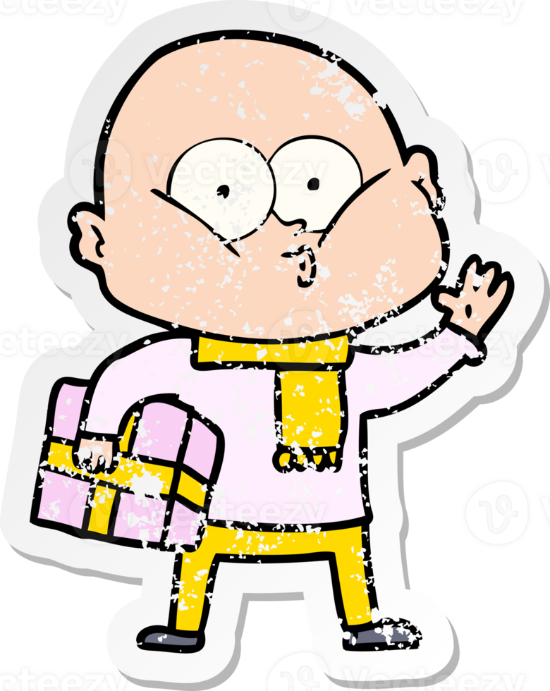 distressed sticker of a cartoon bald man staring png