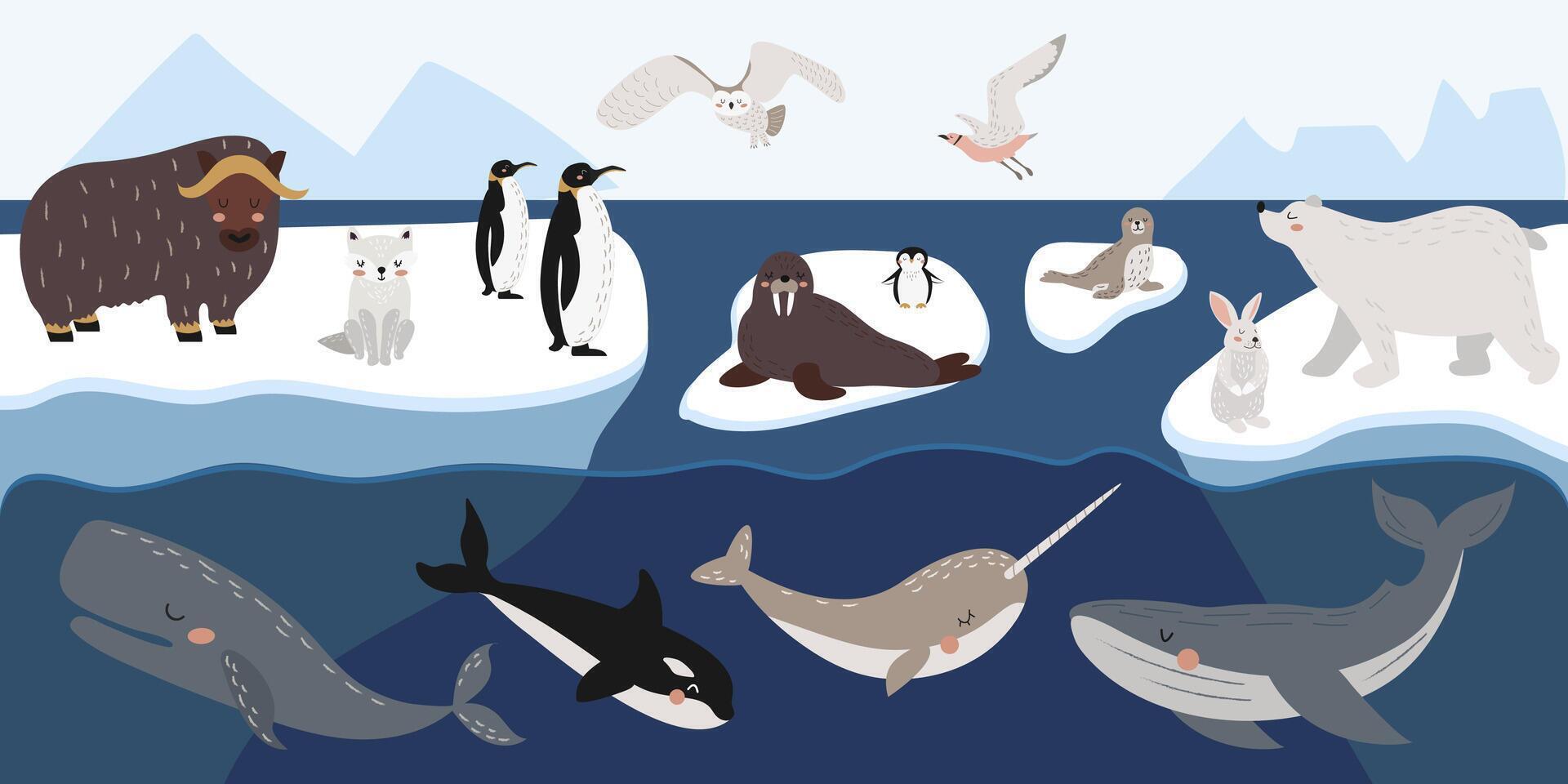 set of wild polar animals, marine mammals and birds. Collection of Arctic animals on ice floes. Whale, narwhal, walrus,polar owl, polar bear, penguins.Colorful illustration in flat style vector