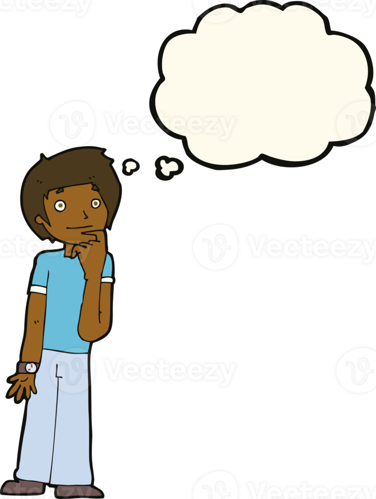 cartoon boy wondering with thought bubble png