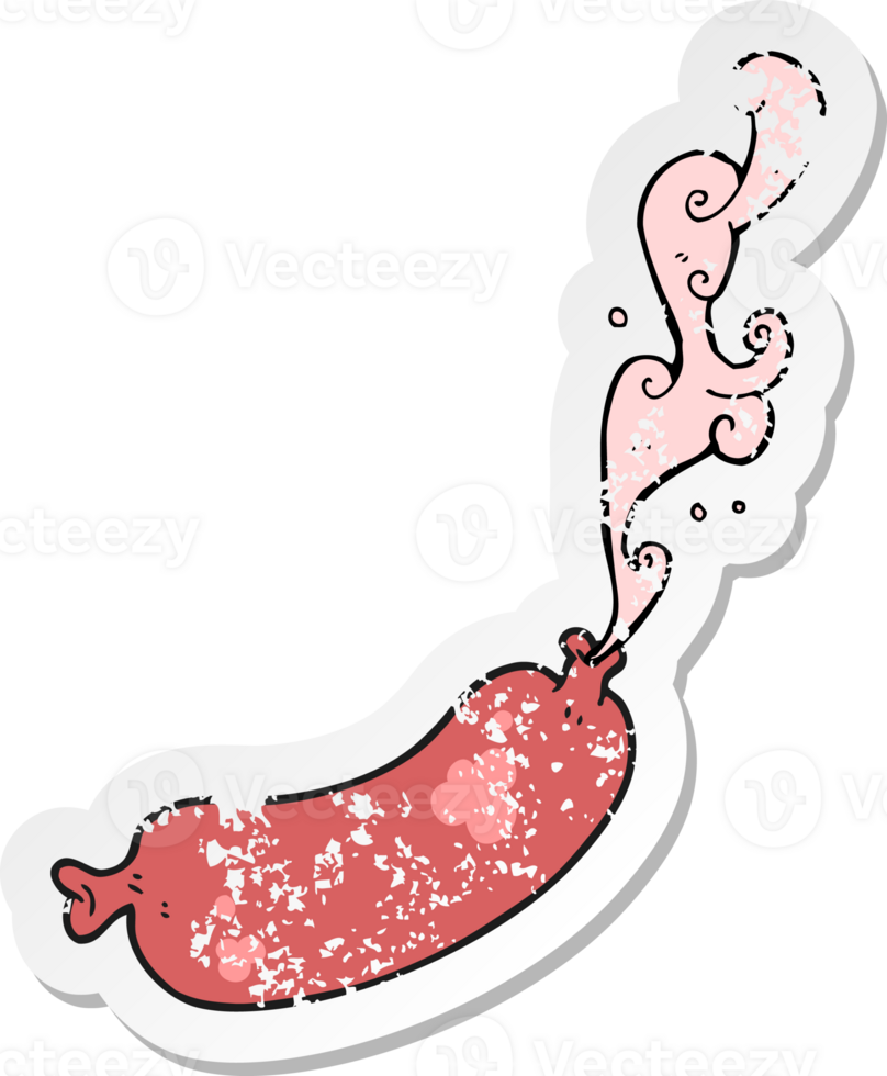 retro distressed sticker of a cartoon squirting sausage png