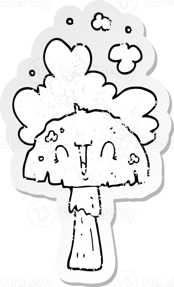 distressed sticker of a cartoon mushroom with spoor cloud png