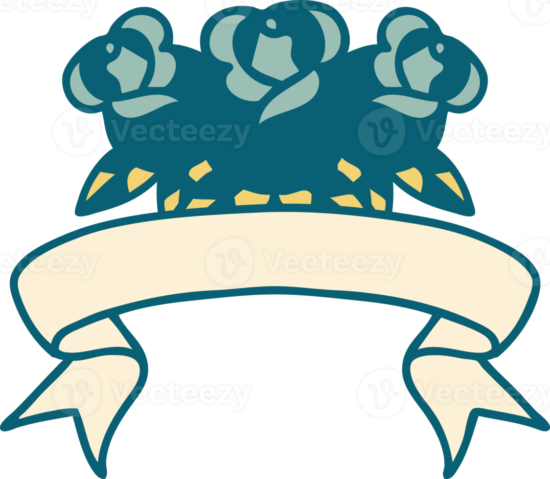 traditional tattoo with banner of a bouquet of flowers png