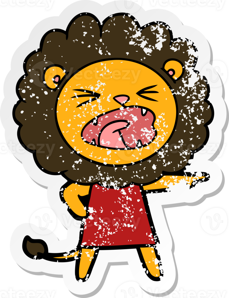 distressed sticker of a cartoon angry lion in dress png