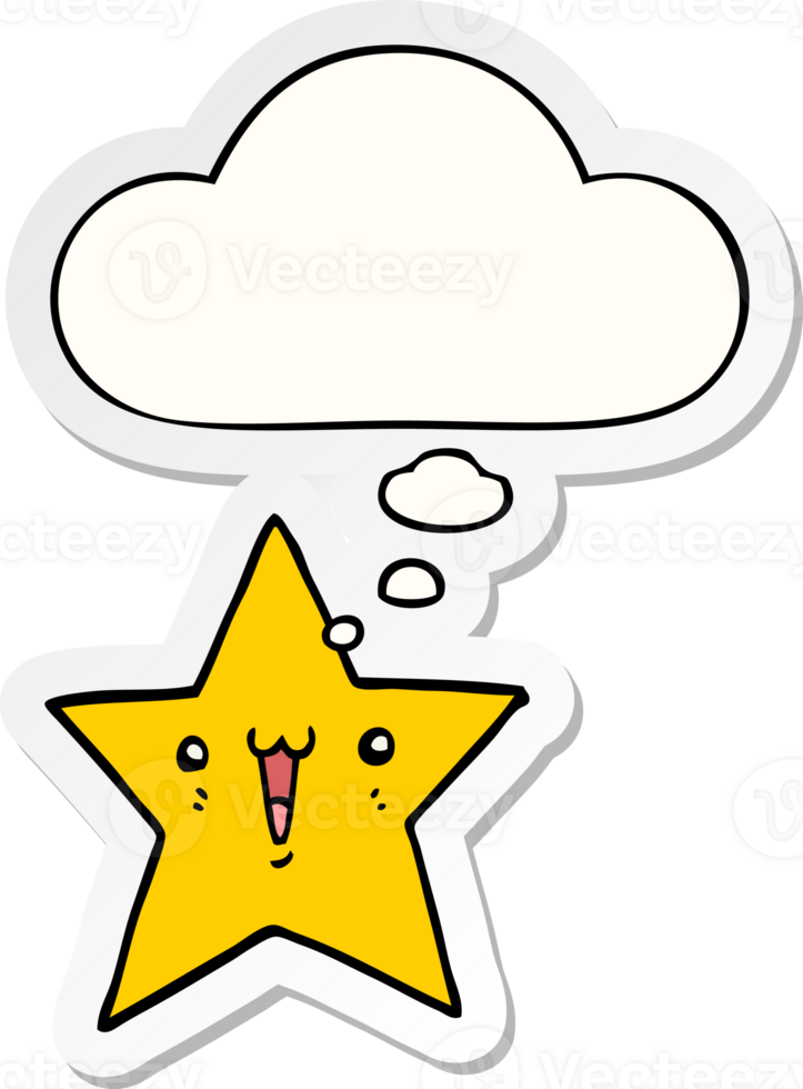 happy cartoon star with thought bubble as a printed sticker png