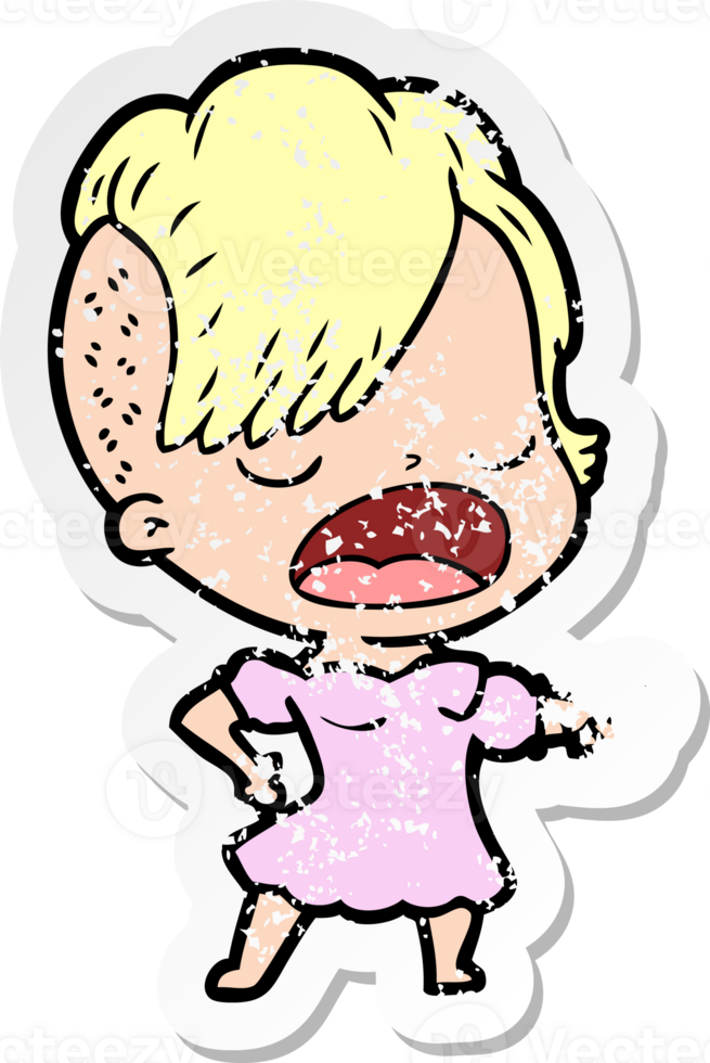 distressed sticker of a cartoon cool hipster girl talking png