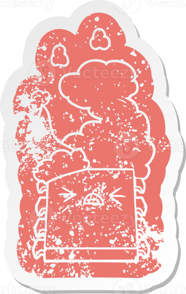 quirky cartoon distressed sticker of a overheating computer chip wearing santa hat png