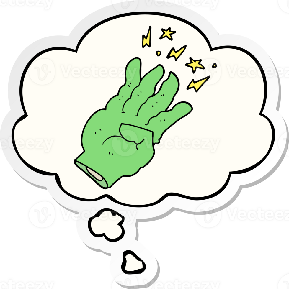 cartoon spooky magic hand with thought bubble as a printed sticker png