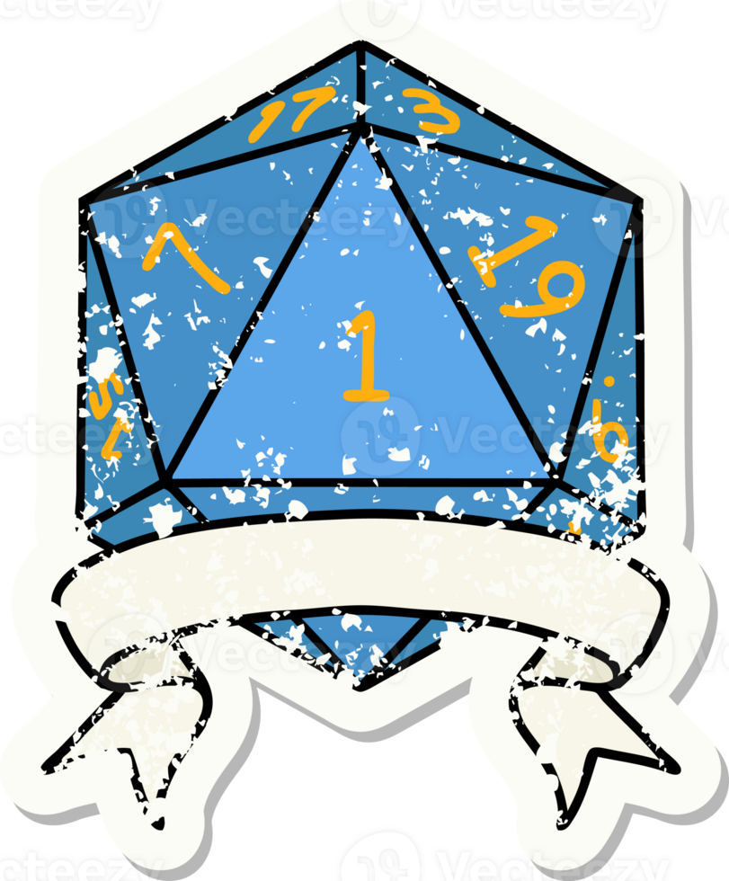 grunge sticker of a natural one d20 dice roll png