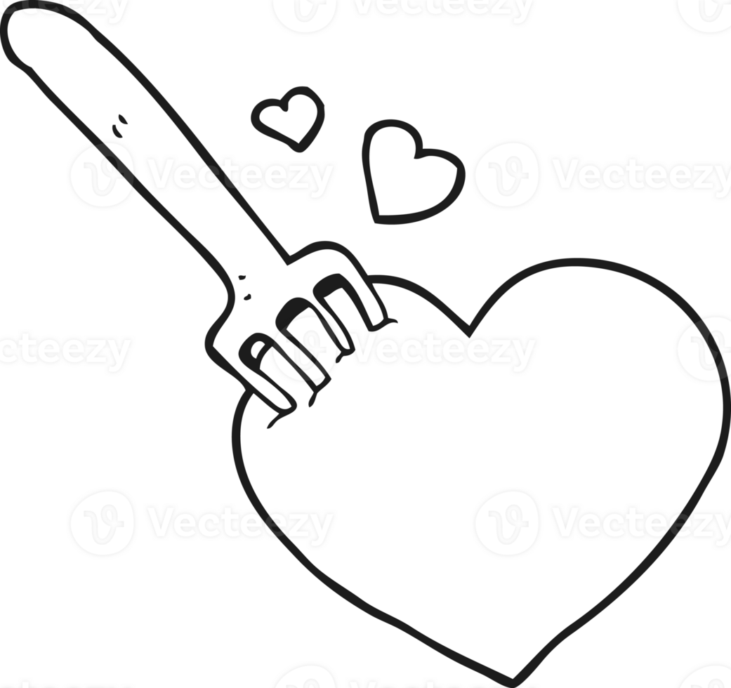 hand drawn black and white cartoon fork in heart png