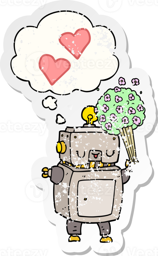 cartoon robot in love with thought bubble as a distressed worn sticker png
