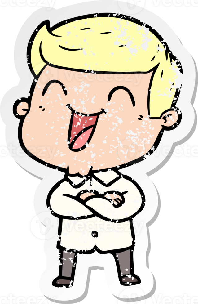 distressed sticker of a cartoon man laughing png