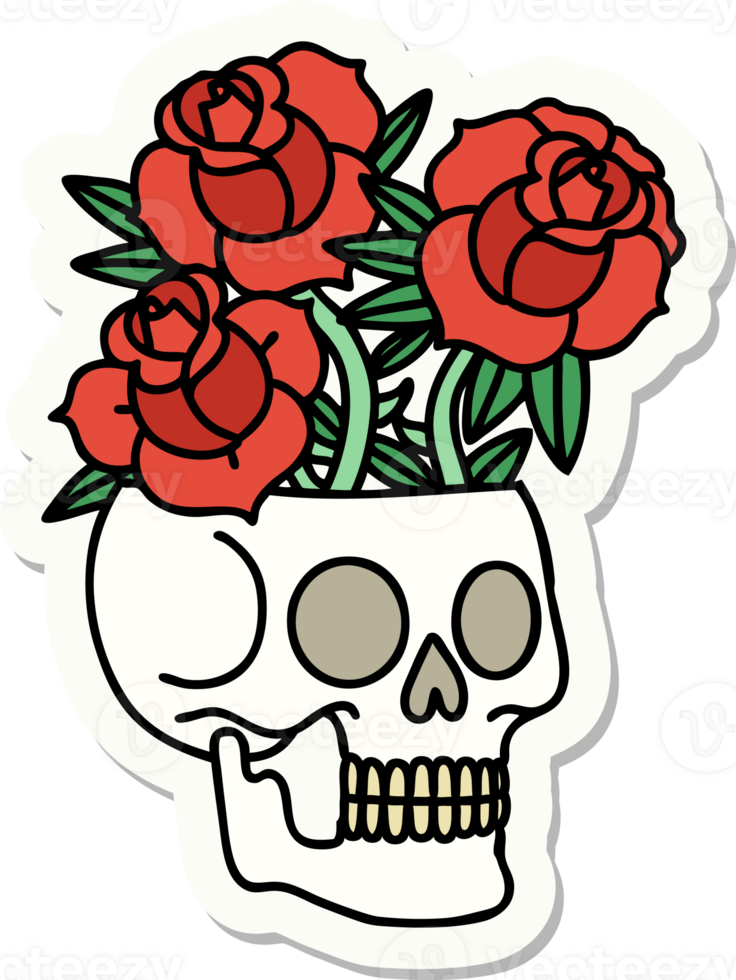 sticker of tattoo in traditional style of a skull and roses png