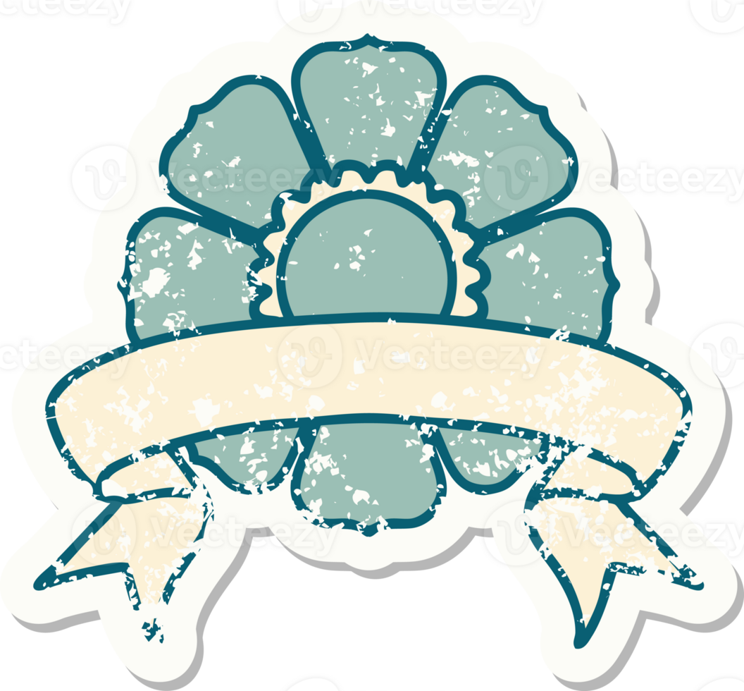 worn old sticker with banner of a flower png