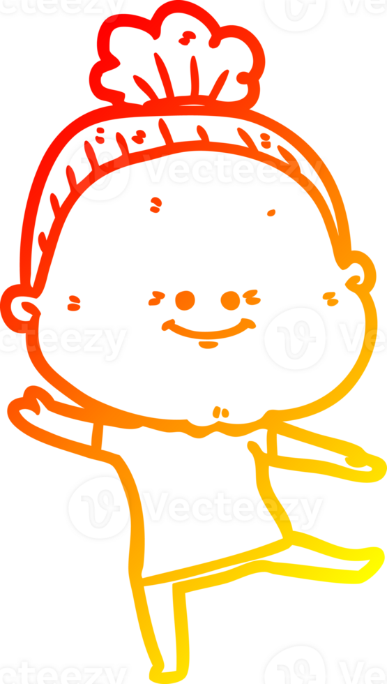 warm gradient line drawing of a cartoon happy old woman png