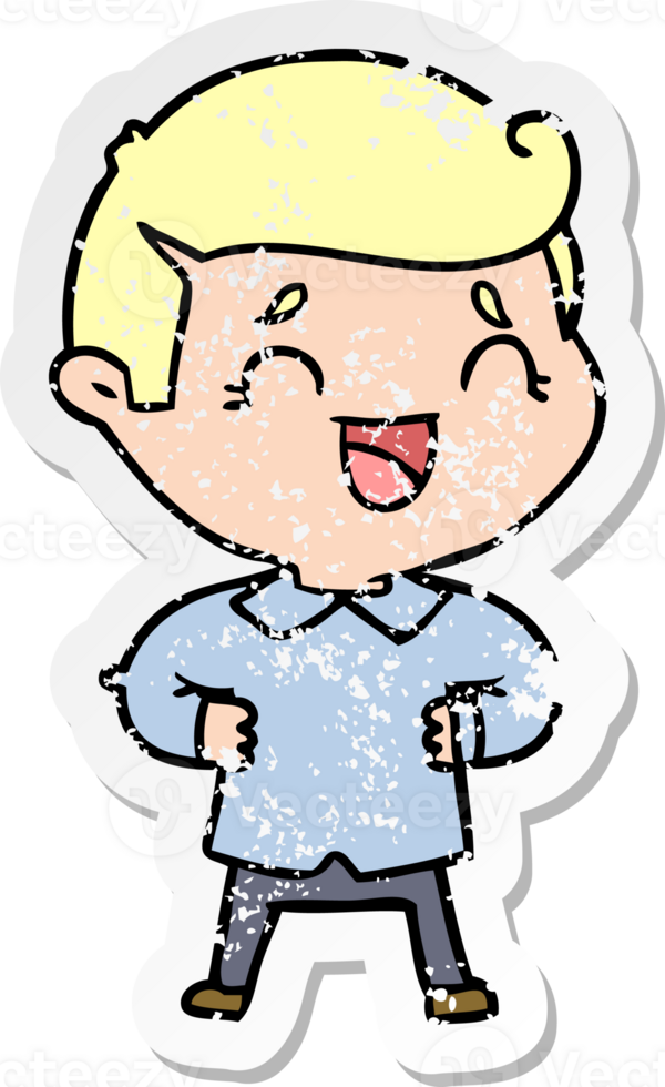 distressed sticker of a cartoon laughing man png
