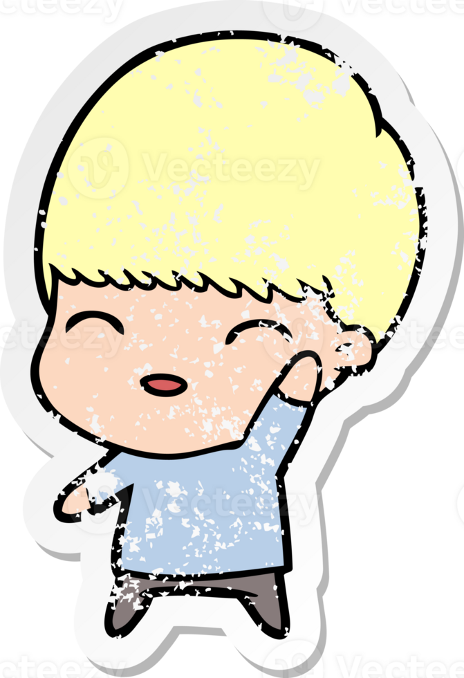distressed sticker of a happy cartoon boy png