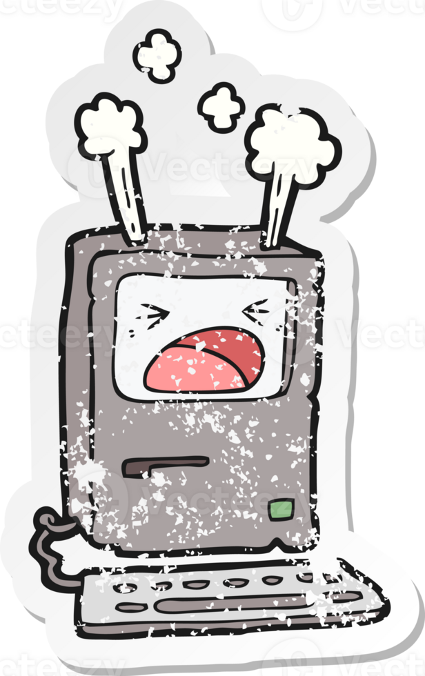 distressed sticker of a cartoon overheating computer png