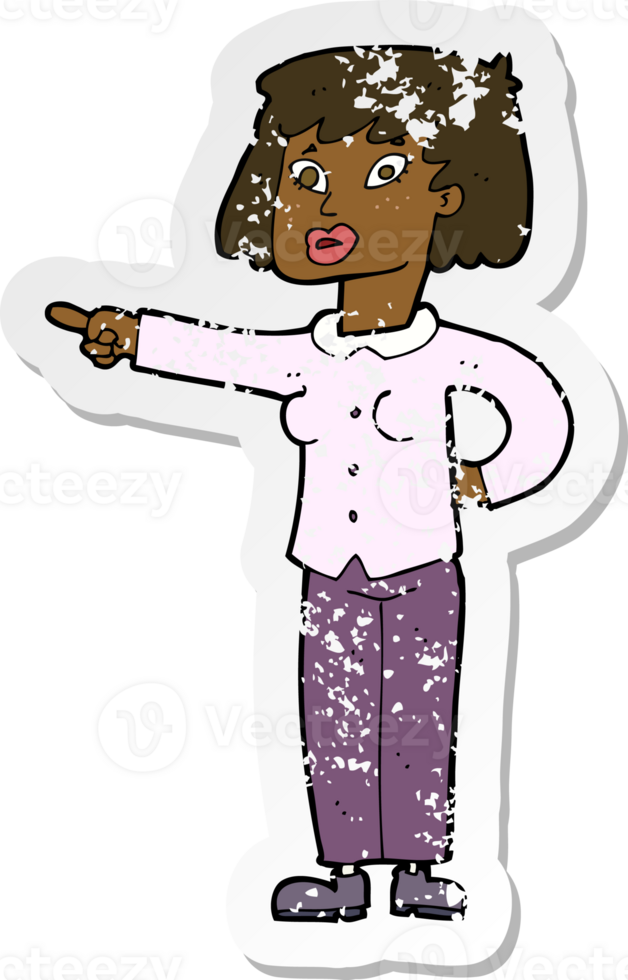 retro distressed sticker of a cartoon woman pointing png